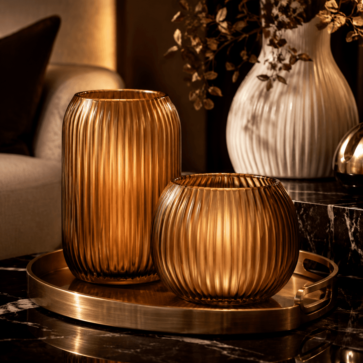 Two ribbed smoked-glass holders designed for flameless LED-style decorative lights, never open flame.