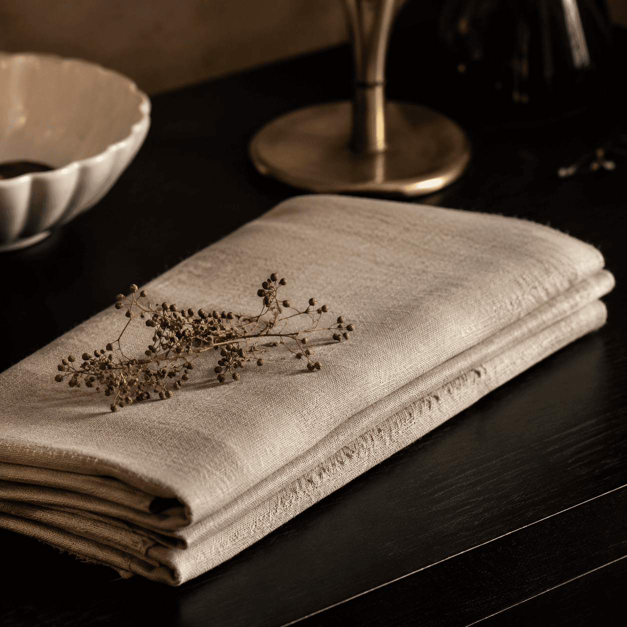 A stonewashed linen table runner in oatmeal tone that anchors a calm, layered table setting.