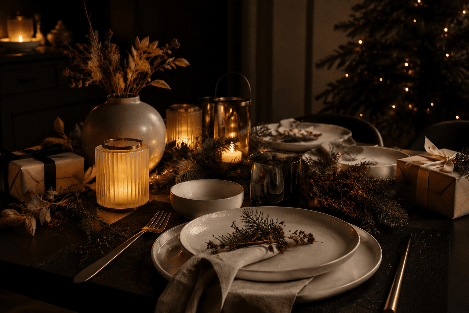 A dark winter table layered with porcelain, brass, dried foliage and a soft flameless amber glow.