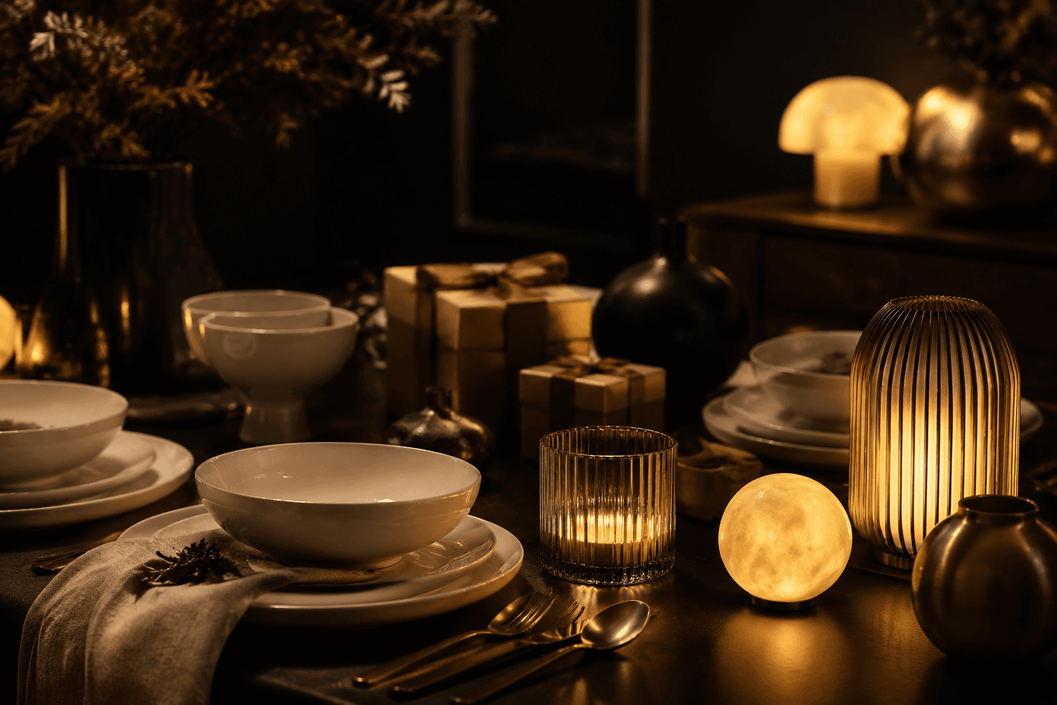 Dark editorial home gift table with porcelain, linen and wrapped gifts under soft flameless amber light