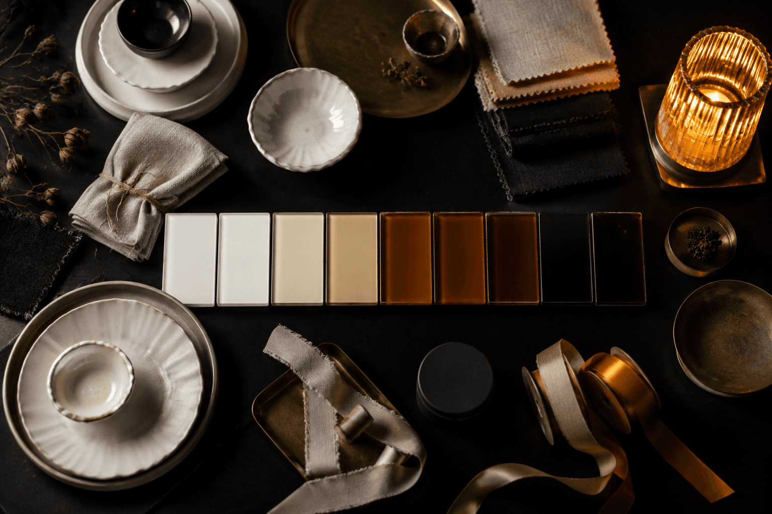 Ambient decor mood board collage with palette swatches and ordinary homeware objects